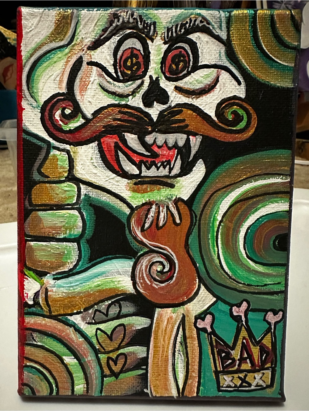 Abstract Skull Character Canvas Art in Green, Gold & White